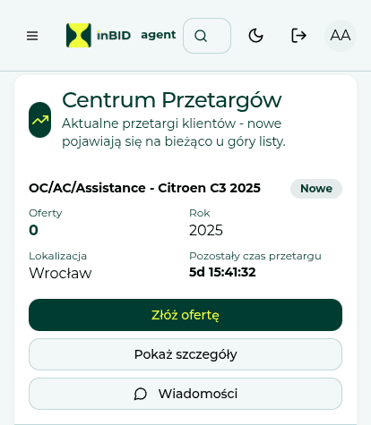 Panel agenta z listą dostępnych przetargów